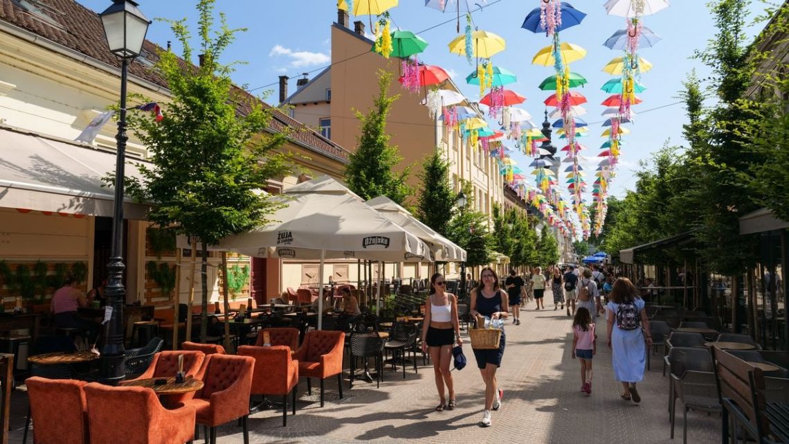 Vibrant umbrellas decorate a lively street in Bjelovar, Croatia, creating a festive atmosphere.